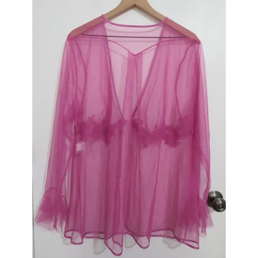 Intimate Attitudes Women Sz 1X Pink Purple Y2K Sheer Lace Sequin Robe Romantic